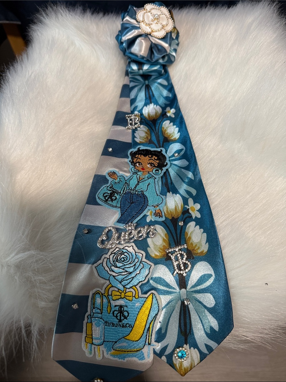 Junk Tie Decorative Blue Floral Ribbon Tie with Character Accents